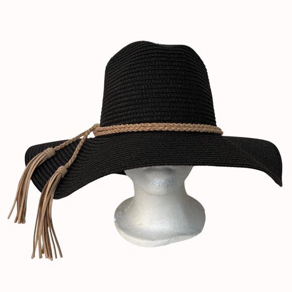 MudPie Wide Brim Sun Hat Boho Floppy Black Braided Band Tassels Beach Cruise